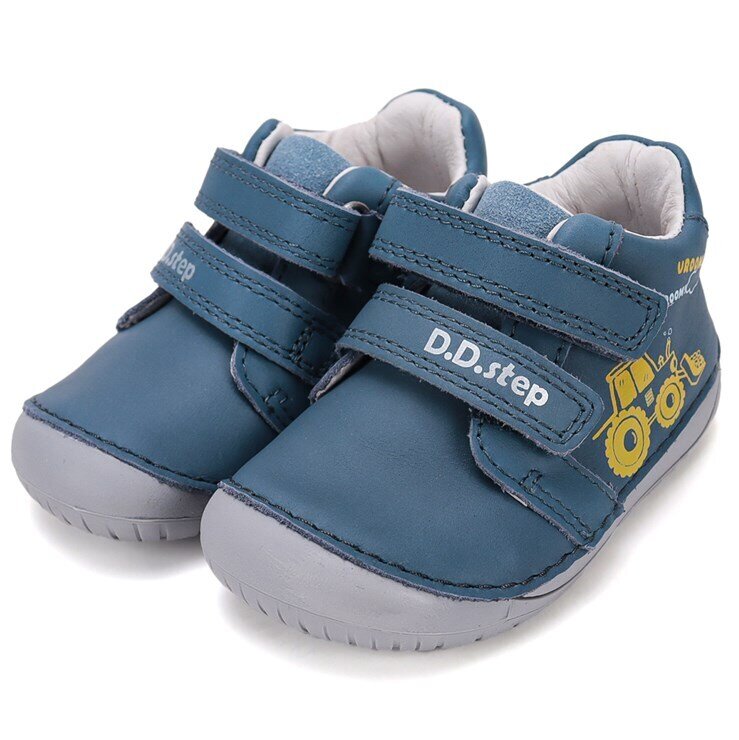 Детски боси обувки от естествена кожа D.D.Step Barefoot – Сини с Трактор