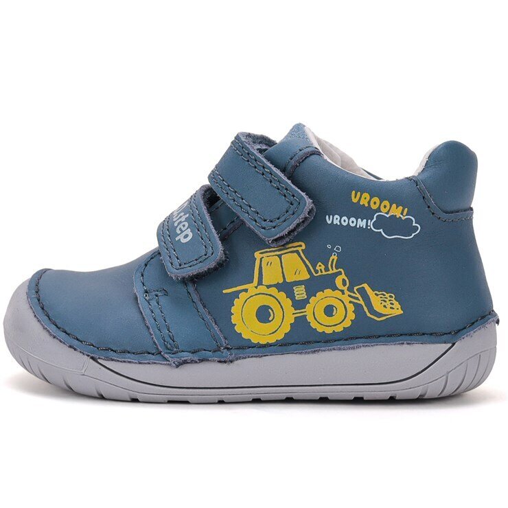 Детски боси обувки от естествена кожа D.D.Step Barefoot – Сини с Трактор
