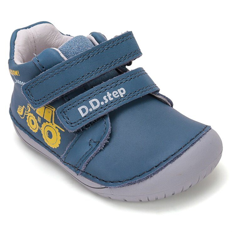 Детски боси обувки от естествена кожа D.D.Step Barefoot – Сини с Трактор